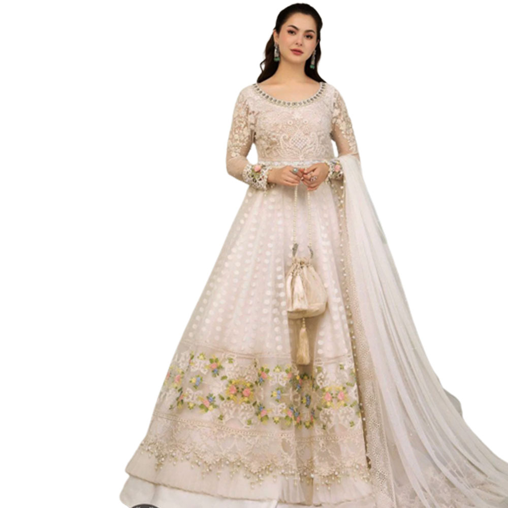 Luxury Heavy work Unstitched Organza Wedding Desinger White Frock Maxi Dress with Organza Embroidered Dupatta